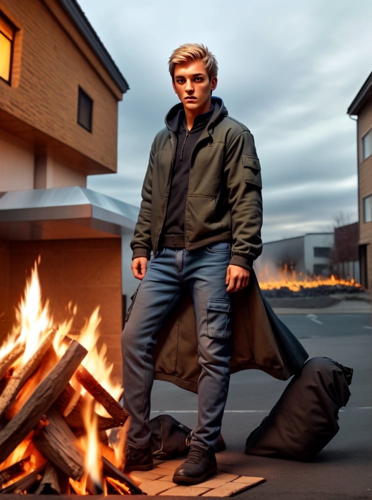 Mater Piece, High Quality image, Front View image, Short Hair, hazel blond Hair. Hazel eyes, small beard, public view Man, Straight down arm and hands, Wearing Black Assassin jacket and Blue Cargo Jeans, standing in the street in front of fire ,Detailedface,Man,Portrait