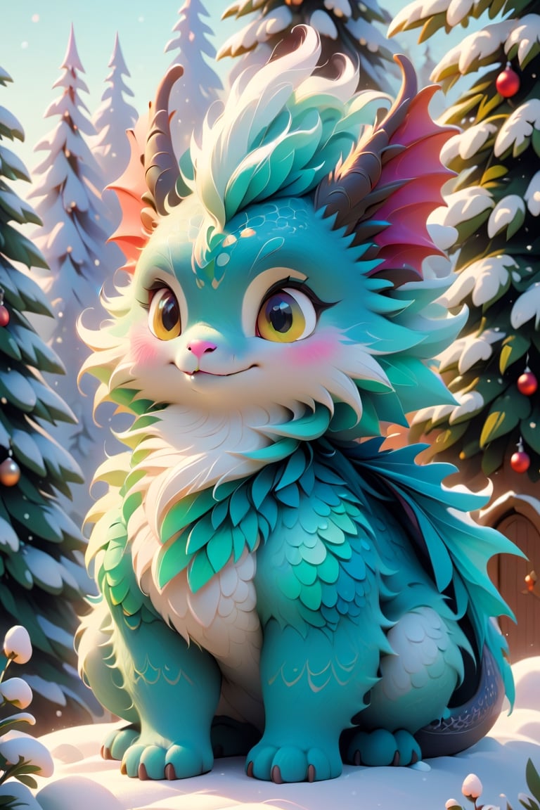 (fluffy cute dragon:1.2) (fluffy colored creatures:1.5). Fiction, unreality, science fiction, fantasy. Vertical almond-shaped eyes, perfectly symmetrical.  Choose the background, winter, snow, Christmas, Christmas trees that will complement your character, creating a cinematic masterpiece with high realism and first-class image quality. 
,colorful,Xxmix_Catecat