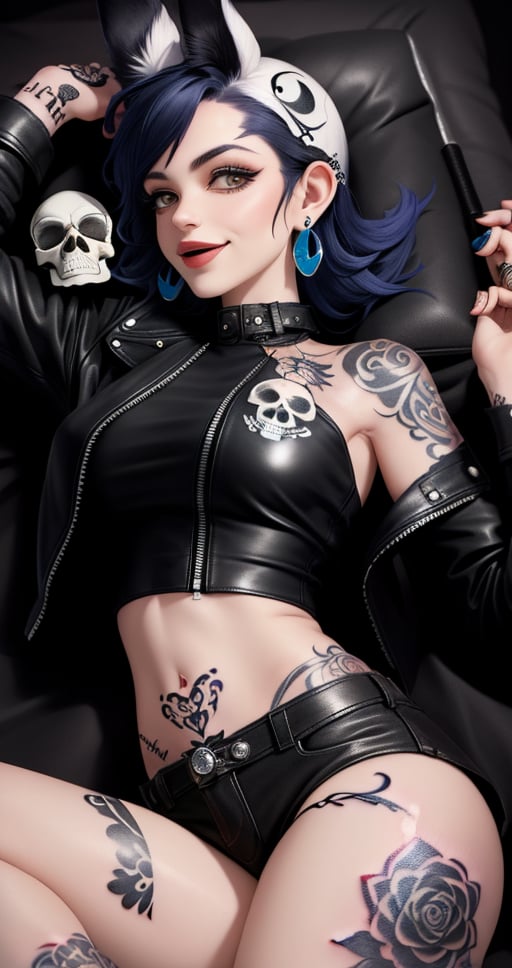 A woman is lying on her back with a joyful expression, wearing a black leather jacket and a white top adorned with a skull design. Her hair is styled in animal ears at the sides, and she's accessorized with multiple rings and earrings. The background features intricate patterns that add to her fantasy-like appearance.,TattooWorld