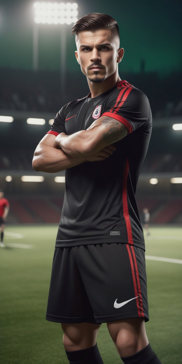 Create a detailed image of a Soccer player, sport field background. He wears Nike black and red t-shirt and a black short. His eyes convey fierce determination and a thirst for redemption. The lighting should be dramatic, with shadows accentuating his fierce expression and the details of his muscles and tattoos. standing action pose, sport field background, He is playing on a green field, perfect hands, (detailed face, detailed skin texture, area lighting, HD, 8k, best illumination, ((full_body)),Handsome Man,Realistic Photo