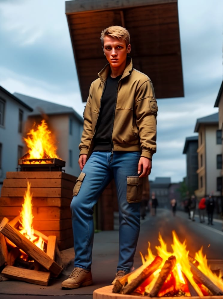 Mater Piece, High Quality image, Front View image, Short Hair, hazel blond Hair. Hazel eyes, small beard, public view Man, Straight down arm and hands, Wearing Black Assassin jacket and Blue Cargo Jeans, standing in the street in front of fire ,Detailedface,Man,Portrait