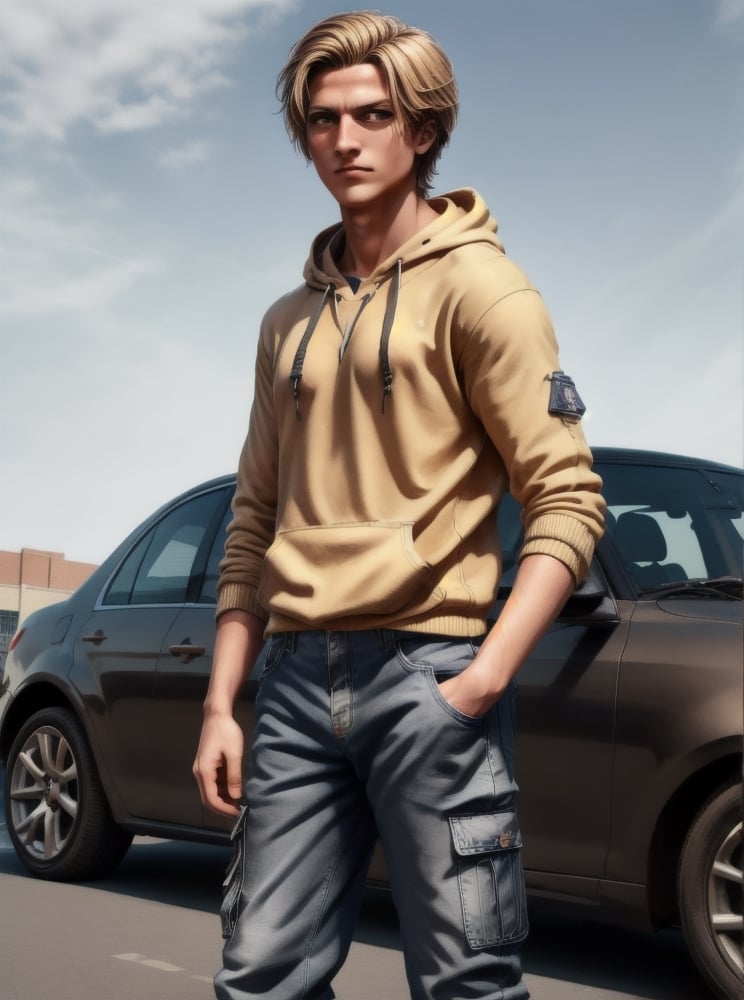 Mater Piece, High Quality image, Front View image, Short Hair, hazel blond Hair. Hazel eyes, small beard, public view Man, Straight down arm and hands, Black Assassin Hoodie and Blue Cargo Jeans, standing in the street in front of Mercedese car,Detailedface,Man,Portrait