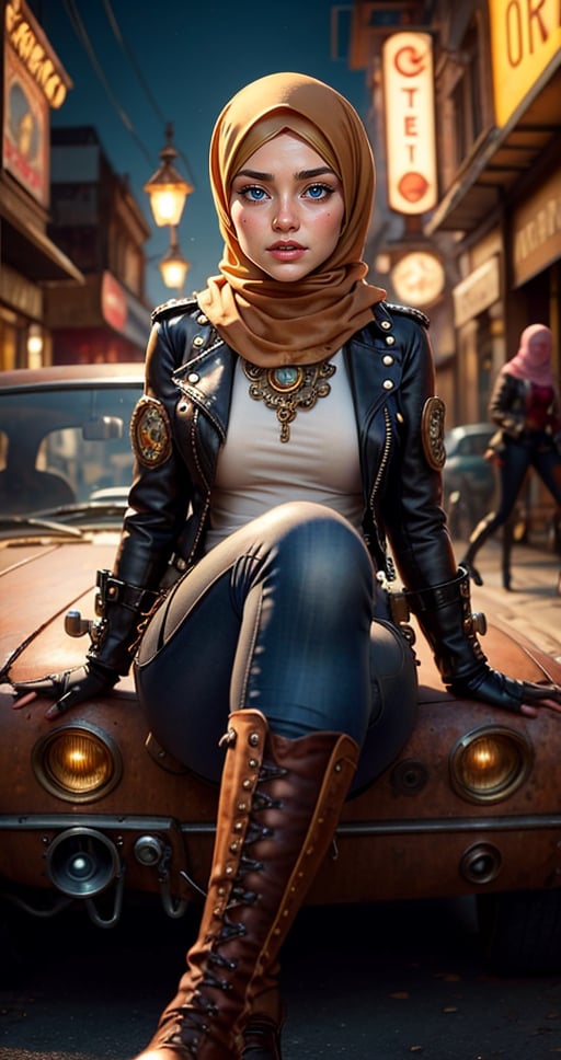 A hijab woman seated on a rusty metal steampunk car, on steampunk city road. She is clad in steampunk-style attire, including a leather jacket adorned with metal embellishments, steampunk gear accesories, gloves, loose leather pants, and boots, The background is landscape of a steampunk city, ultra focused, detailed face, cinematic lighting, dynamic pose, medium contrast, depth of field, natural glows ,hijabsteampunk,Blond Girl,More Detail