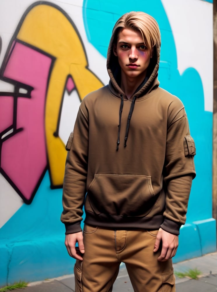 Mater Piece, High Quality image, Front View image, Short Hair, hazel blond Hair. Hazel eyes, small beard, public view Man, Straight down arm and hands, Black Assassin Hoodie and Blue Cargo Jeans, standing in the street in front of Graffiti wall,Detailedface,Man,Portrait