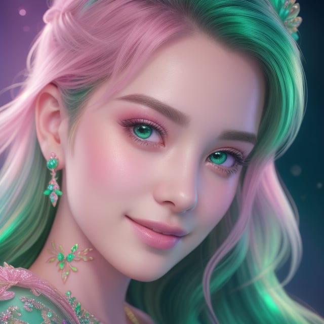 Prompt: (best quality, 4K, 8K, high-resolution, masterpiece) Ultra-detailed, colorful pastel digital art of a beautiful young woman with detailed facial features, light pink and emerald tones, charming character illustrations, soft focus, intricate design, gentle expression, ethereal atmosphere, vibrant colors, delicate details, artistic elegance, high detail, high resolution.