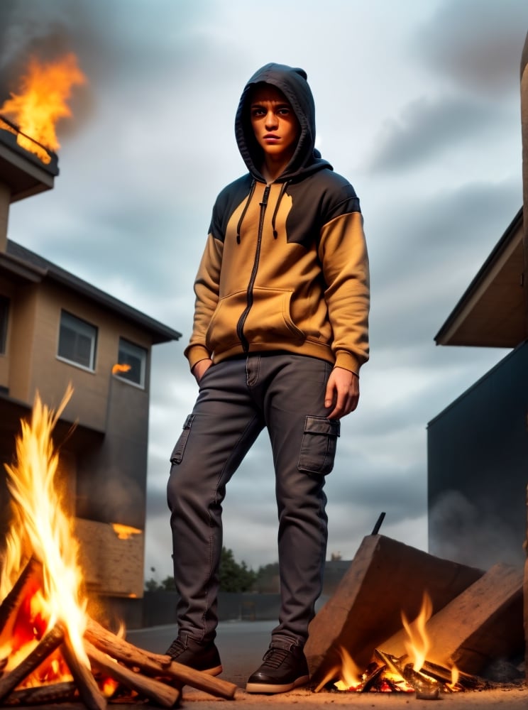 Mater Piece, High Quality image, Front View image, Short Hair, hazel blond Hair. Hazel eyes, small beard, public view Man, Straight down arm and hands, Wearing Black Assassin Hoodie and Blue Cargo Jeans, standing in the street in front of fire ,Detailedface,Man,Portrait