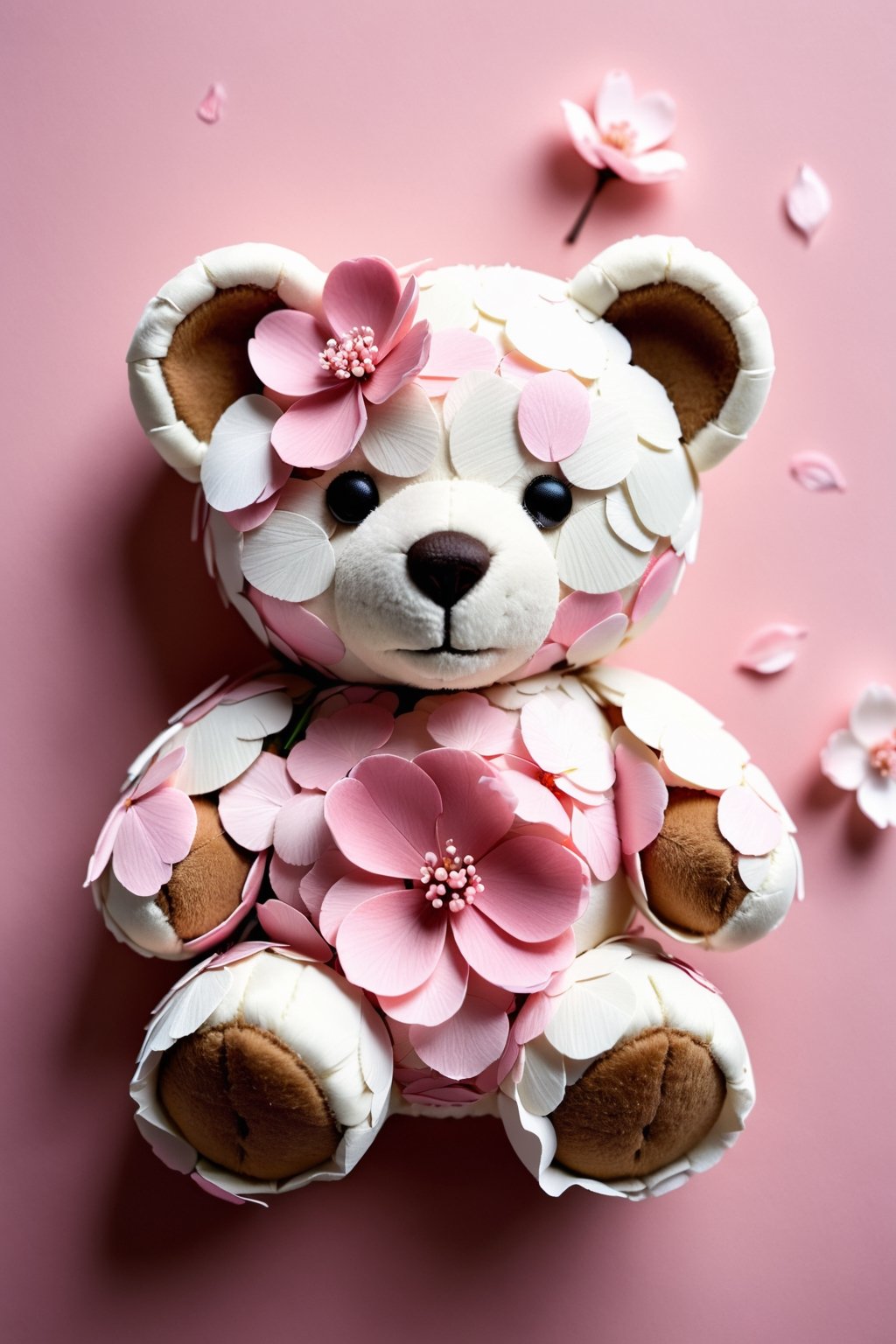 A teddy bear pattern crafted from spring cherry blossom petals. Delicate and intricate, the soft pink hues forming the adorable shape, captured with a macro lens on a Nikon Z50 to showcase the
