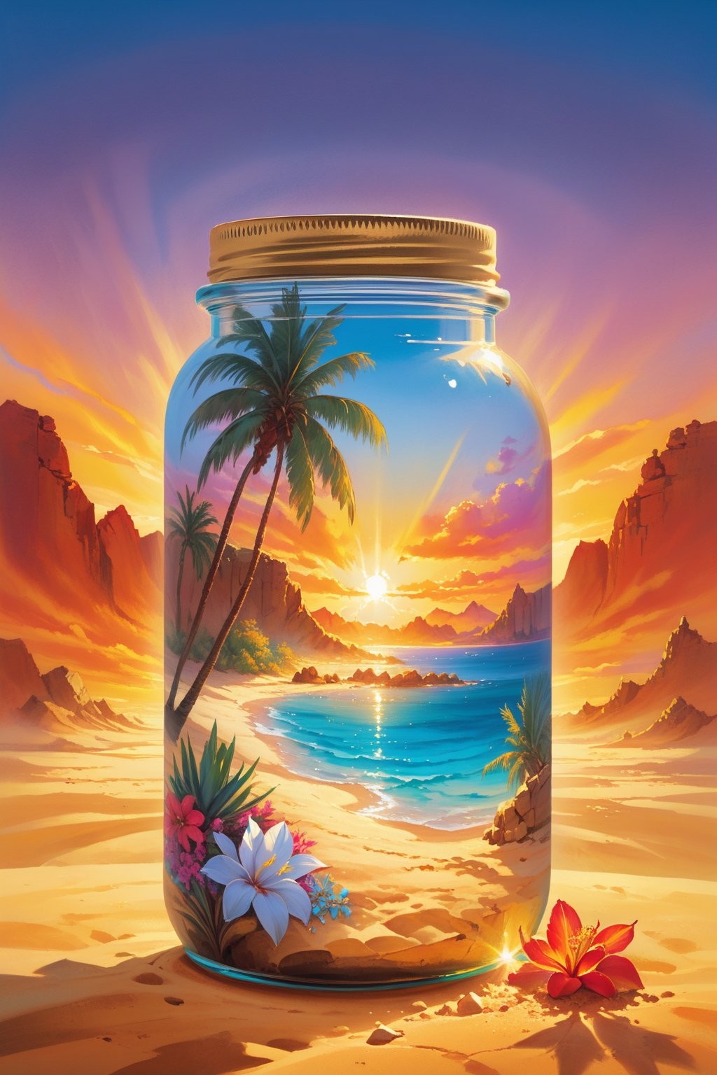 Desert oasis, palm trees casting long shadows in the golden sand, crystal clear water reflecting the vibrant colors of the sunset, exotic flowers blooming around, ancient ruins peeking through the palm leaves, tranquil and mystical atmosphere, painting style capturing the essence of oasis serenity.,painted world,in a jar
