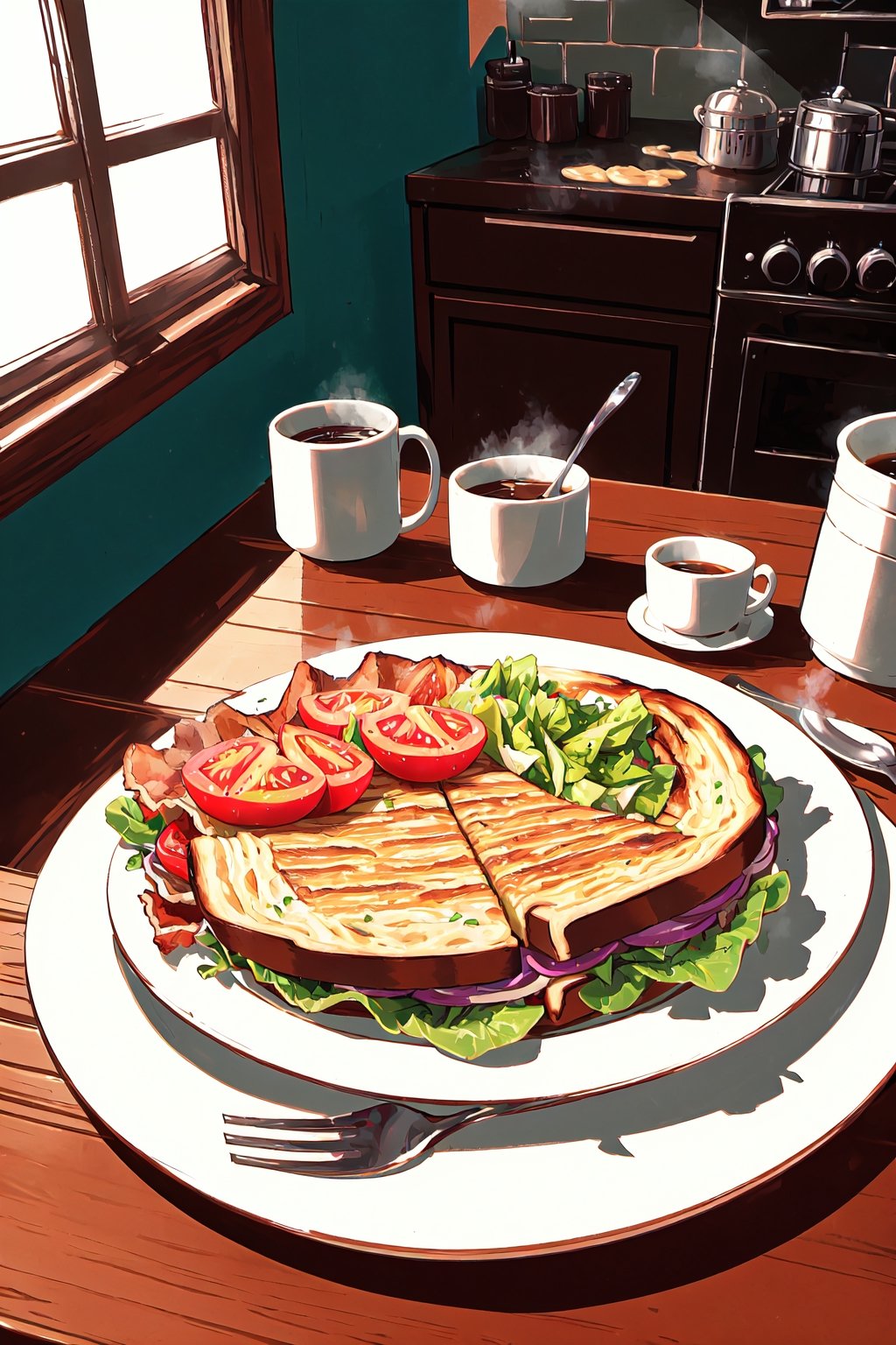 a plate of warm panini breakfast, golden crust with melty cheese oozing out, crispy bacon strips peeking through, fresh lettuce and juicy tomatoes, served on a rustic wooden table with a steaming cup of coffee, morning sunlight casting soft shadows, cozy kitchen setting with vintage ceramic plates and cups, captured in a warm and inviting atmosphere, in a realistic photographic style with a Canon EOS 5D Mark IV camera, 24-70mm lens, overhead shot focusing on the textures and colors of the panini. 