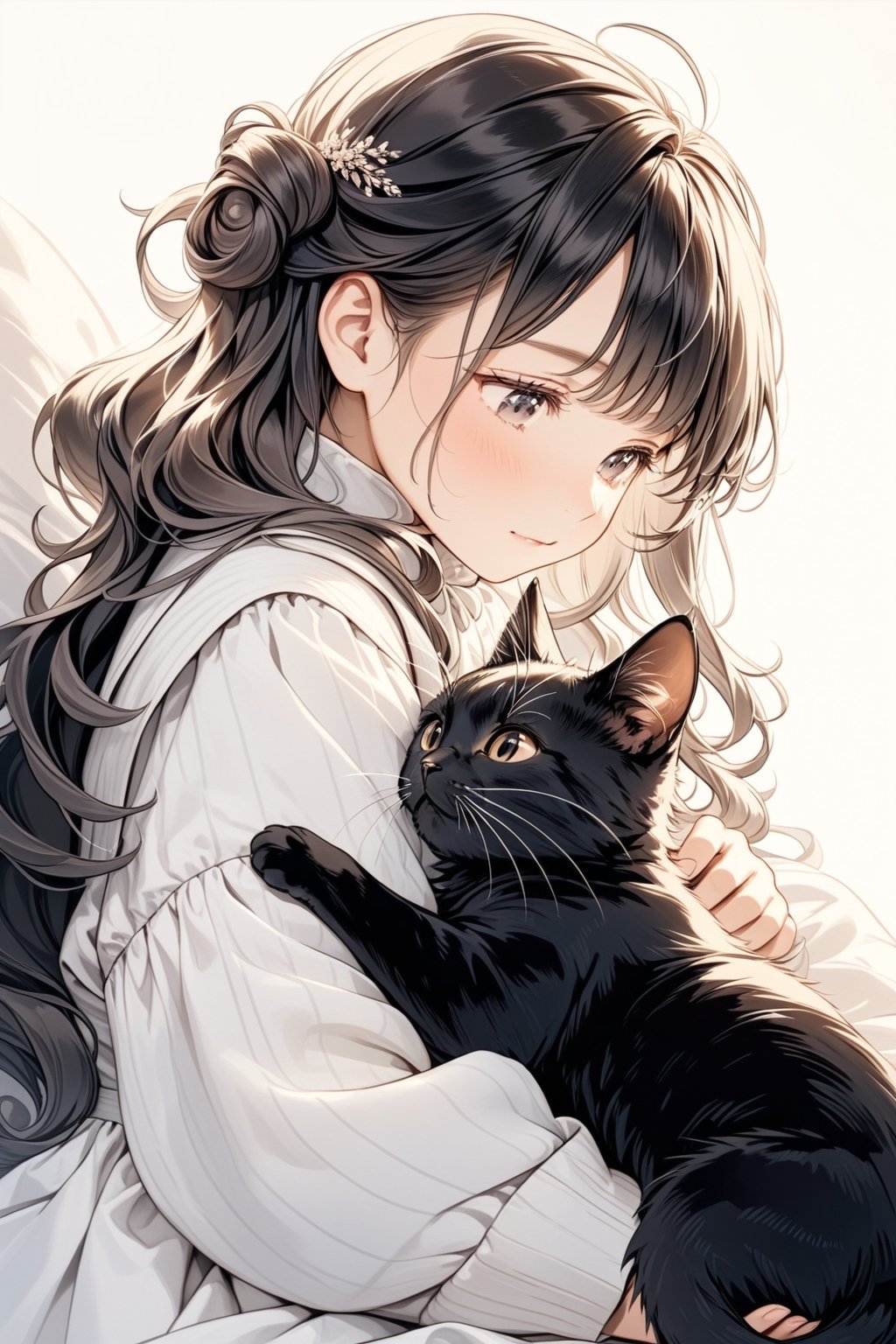 a girl gently touches the curled-up cat