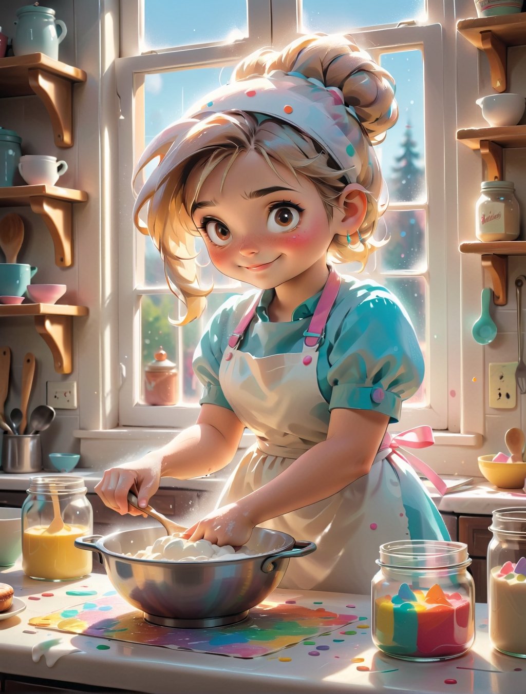 a young girl baking a cake, covered in flour, with a messy bun, flour handprints on her cheeks, focused on carefully whisking the batter, in a cozy kitchen filled with vintage baking tools, jars of colorful sprinkles, a recipe book open on the counter, sunlight streaming through a window, capturing the warmth and joy of baking, in a whimsical and artistic illustration style. 