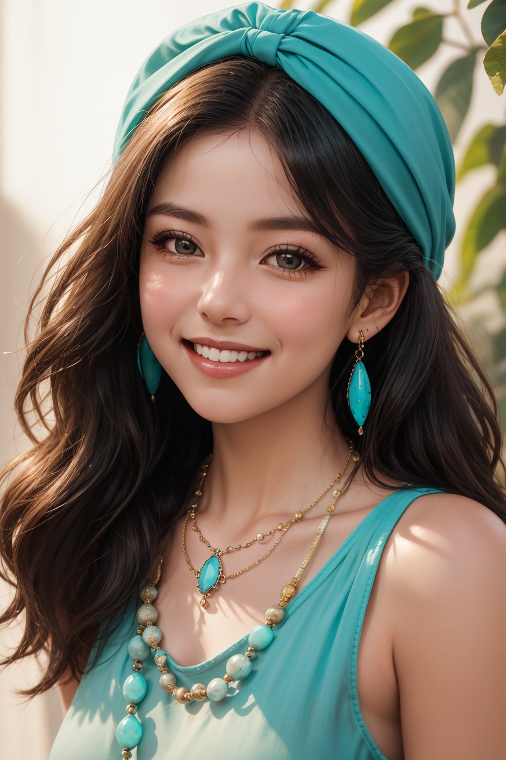 A close-up shot of a curious young girl's hands as she carefully slips a vibrant turquoise beaded necklace over her head. Soft, warm lighting illuminates the beads' iridescent sheen, with a shallow depth of field blurring the background. The girl's face is lit from above, highlighting her bright smile and sparkling eyes.