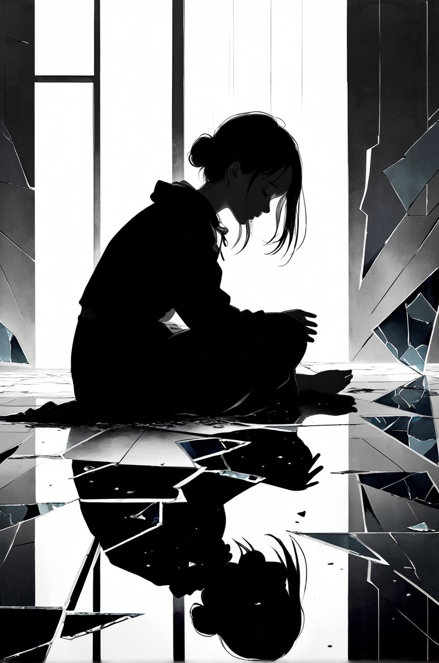 Shattered mirror fragments scattered on the ground, reflecting the silhouette of a girl amid the broken pieces. The fractured glass captures a moment of complexity and introspection. emphasizing the interplay between the shattered reflections and the girl's presence.