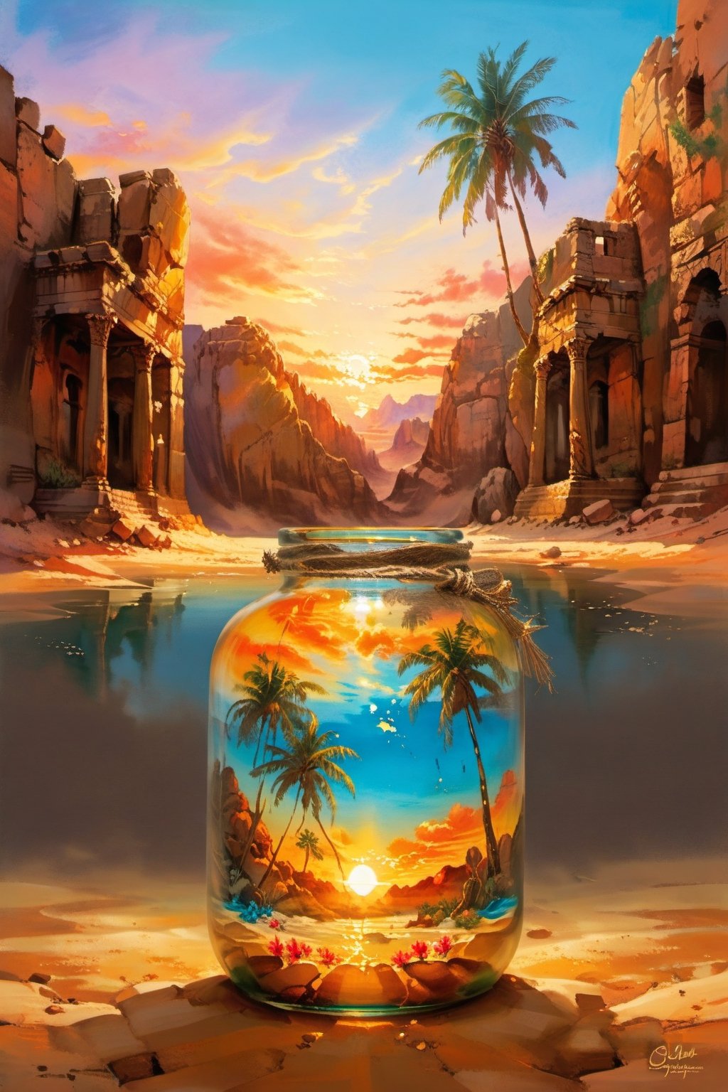 Desert oasis, palm trees casting long shadows in the golden sand, crystal clear water reflecting the vibrant colors of the sunset, exotic flowers blooming around, ancient ruins peeking through the palm leaves, tranquil and mystical atmosphere, painting style capturing the essence of oasis serenity.,painted world,in a jar