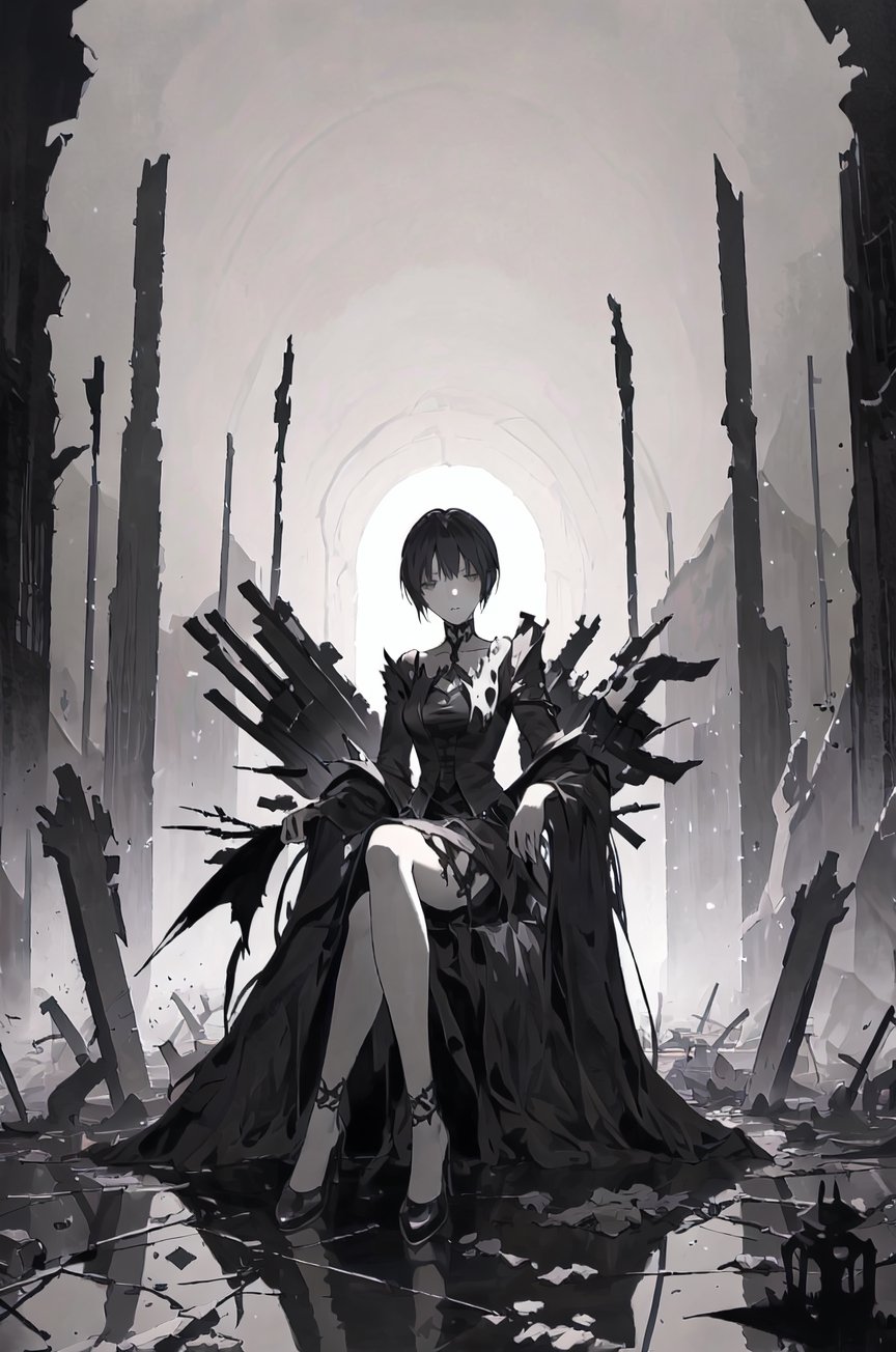 a girl in tartarus, sitting on a throne of bones and ash, her expression unreadable as she gazes across a desolate landscape of shattered mirrors reflecting distorted images, floating ethereal orbs casting an eerie glow, a sense of unease and mystery shrouding the scene, depicted in a haunting and surreal painting style, capturing the unsettling and surreal atmosphere of her twisted realm. 