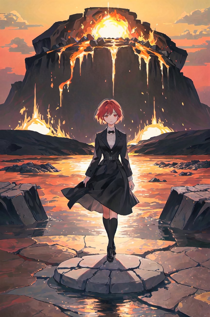 a girl in tartarus, standing on a crumbling stone bridge over a river of molten lava, the heat shimmering in the air