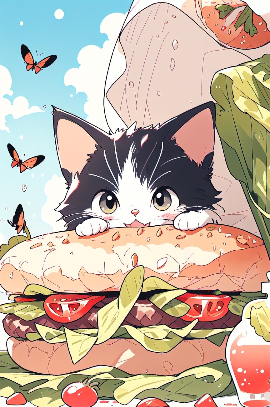a mischievous black-and-white cat nestled within a hamburger bun, each paw playfully touching lettuce leaves and tomato slices, a hint of ketchup staining its whiskers, a humorous and whimsical scene set on a checkered picnic blanket under a clear blue sky, surrounded by playful ants and curious bees
