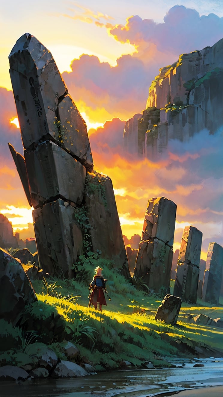 top-quality,Ray traching,ghibli artstyle,Anime landscape concept art,The sky thunders and lightning,Multiple islands,Standing on Behemoth Island overlooking the distance,Huge stone statues of animal bones on the island,Island background, 16K HD wallpaper,cushart, concept world art, Anime landscape, detailed scenic view , anime landscape wallpapers,Anime fantasy artwork, offcial art, Anime background art, gigantic landscape!, final fantasy vll world concept

