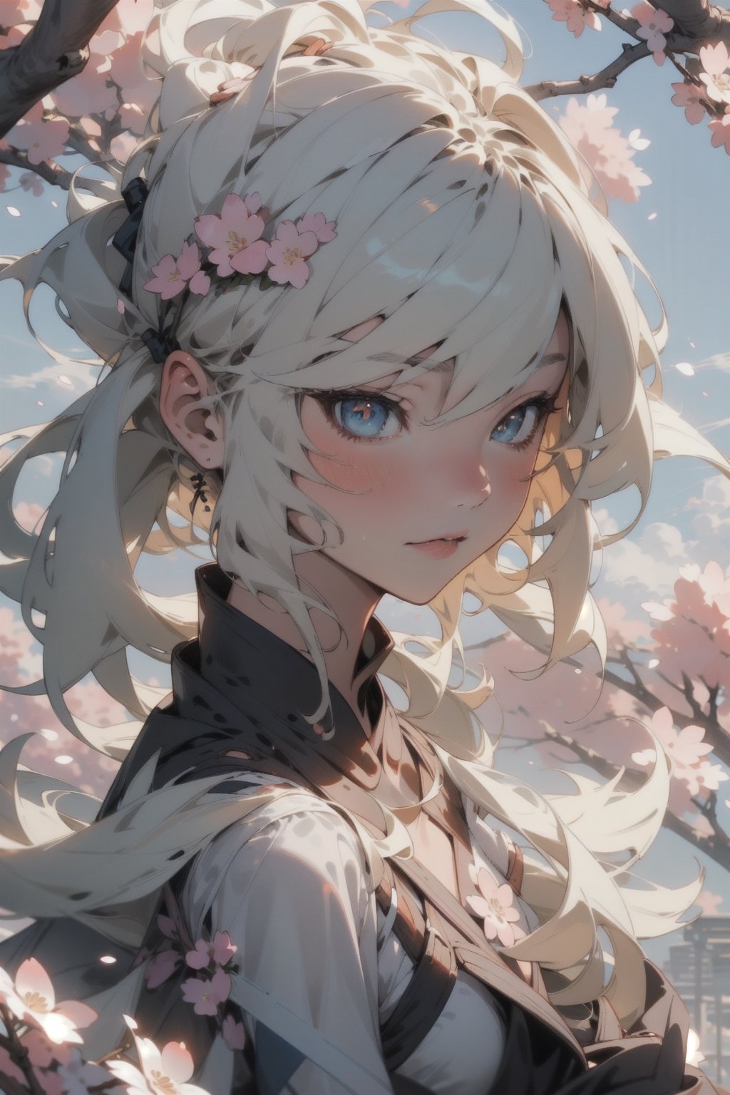 a beautiful anime girl, under cherry blossoms, light wind, spring and sunshine, clear skies with a fluffy clouds, warm colors,guweiz style,portrait,Anigame 