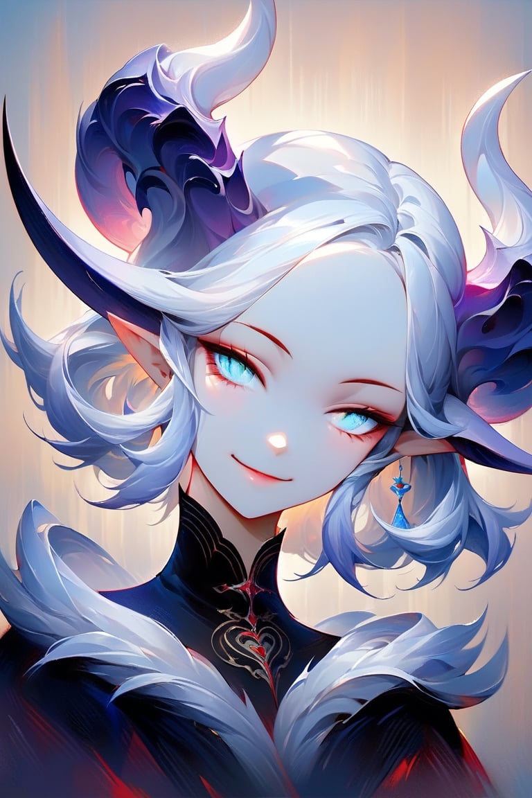 beautiful benevolent lady demon with white horns, calm eyes, serene smile, high_resolution, high contrasting colors,portraitart
