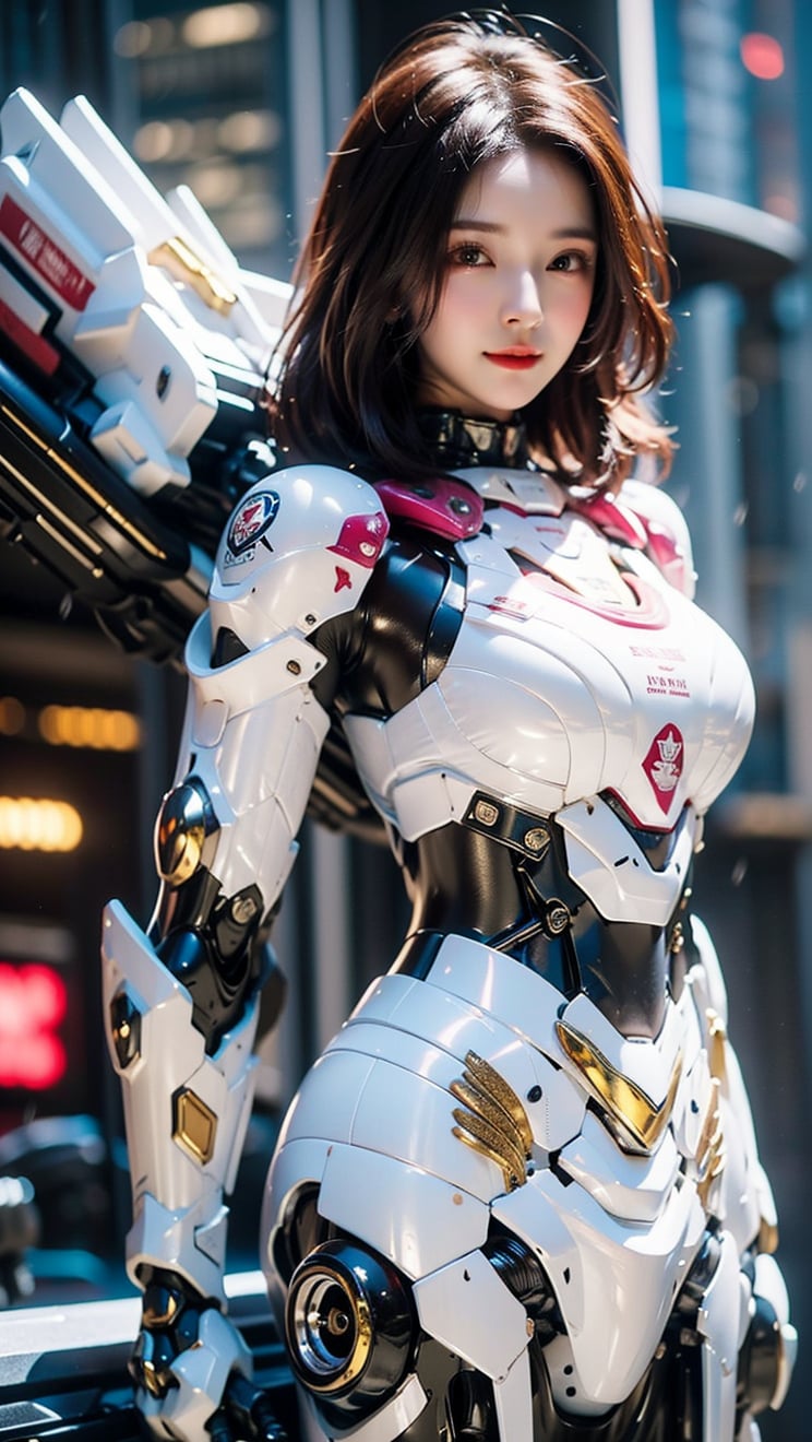 Masterpiece, Top Quality, (Highly Detailed 8K Wallpaper, Masterpiece, High Quality, Highly Detailed Shadows), (Detailed Background), (Beautifully Detailed Face) 1GIRL, ((Background)), Dynamic Movement, Beautifully Detailed Lighting, Front View shooting, full body shot, (21 y.o.), (mecha), (cyberpunk suit), (rain), black short hair, middle chest, brown eyes and cute smile), detailed face, very realistic and perfect real hands, perfect legs, both legs, (fantasy), heavenly light, beautiful colors, awesome Quality, 4k, clear picture quality,dragonbaby,chibi,Ava,Exquisite face,mecha