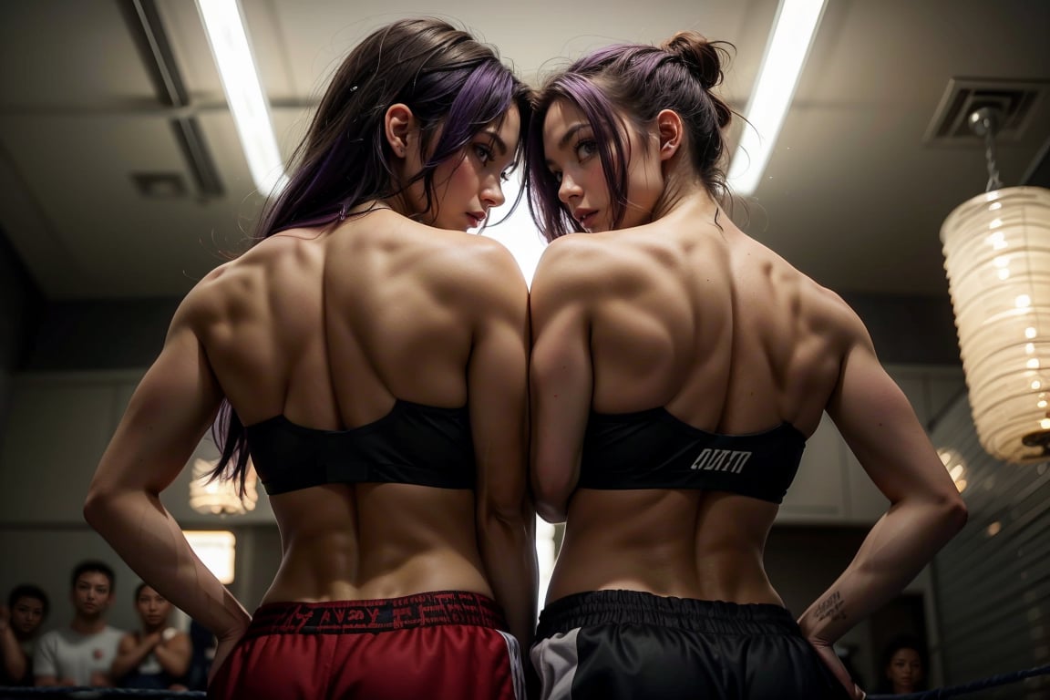 Close-up shot of two fierce female boxers standing inches apart, their intense gazes locked in a silent challenge. The purple-haired boxer's fiery locks cascade down her back, while the blonde athlete's chiseled physique and prominent bust are accentuated by the spotlight's warm glow. The dimly lit press conference backdrop provides a stark contrast to the bright lights, highlighting the boxers' fierce determination.