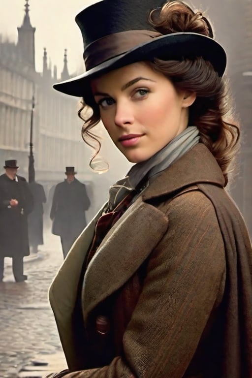 At the end of the 19th century,20yo, the female detective Sherlock Holmes was handsome, thoughtful, full of sense of humor, gentlemanly, graceful, full of mystery, and had a faint smile. In the background are foggy London streets. 1girl,big breasts,beautiful face and eyes,deerstalker,