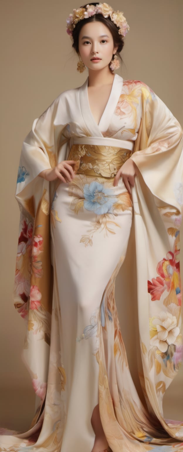 busty and sexy girl, 8k, masterpiece, ultra-realistic, best quality, high resolution, high definition, The figure wears an FLOWER headdress adorned with gold accents and pearls. LOW-CUT, FLOWER PATTERN KIMONO. Gold embroidery and gemstones create a sense of luxury. The fabric drapes elegantly, suggesting a flowing robe or gown. The overall color palette—rich golds and glowing whites. COLORFUL SMOKE BACKGROUND.