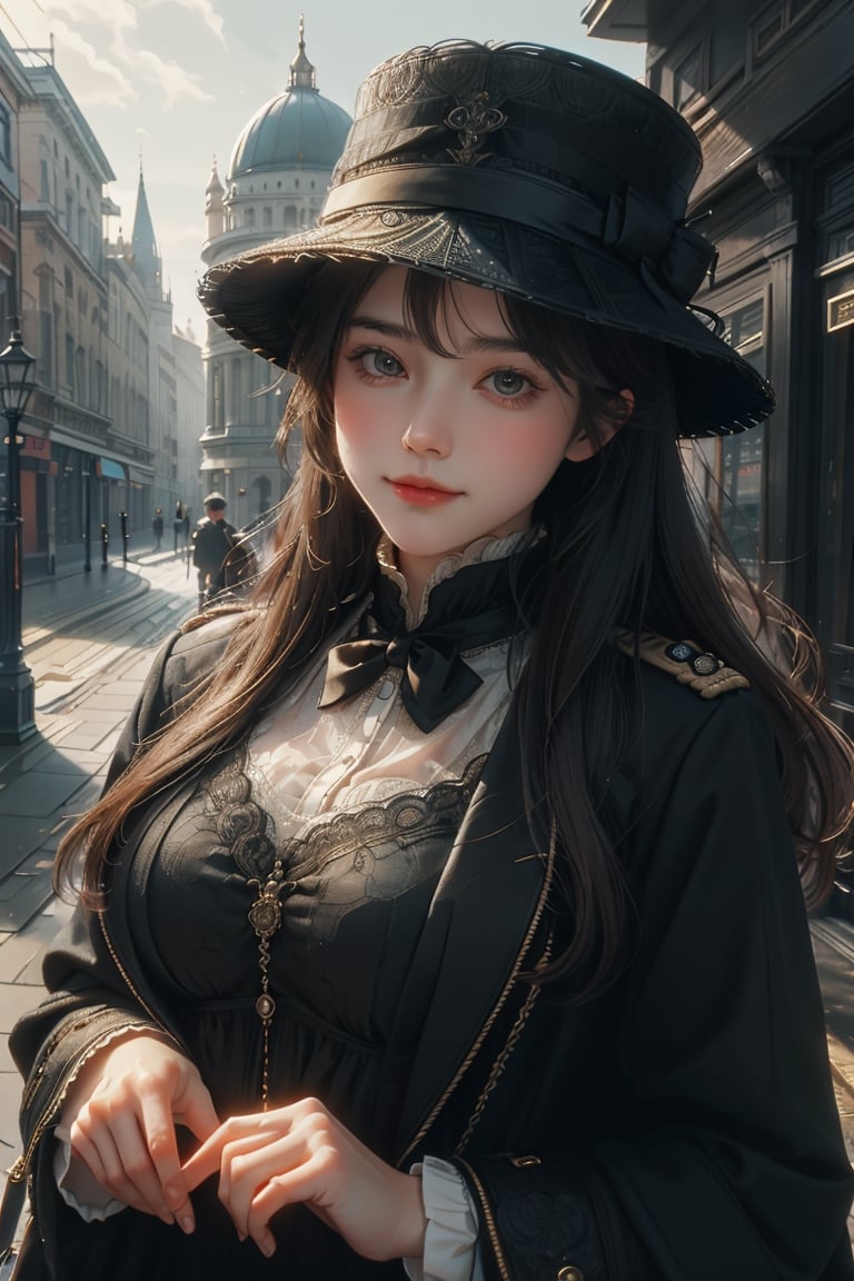 At the end of the 19th century,20yo, the female detective Sherlock Holmes was handsome, thoughtful, full of sense of humor, gentlemanly, graceful, full of mystery, and had a faint smile. In the background are foggy London streets. 1girl,big breasts,beautiful face and eyes,deerstalker hat,