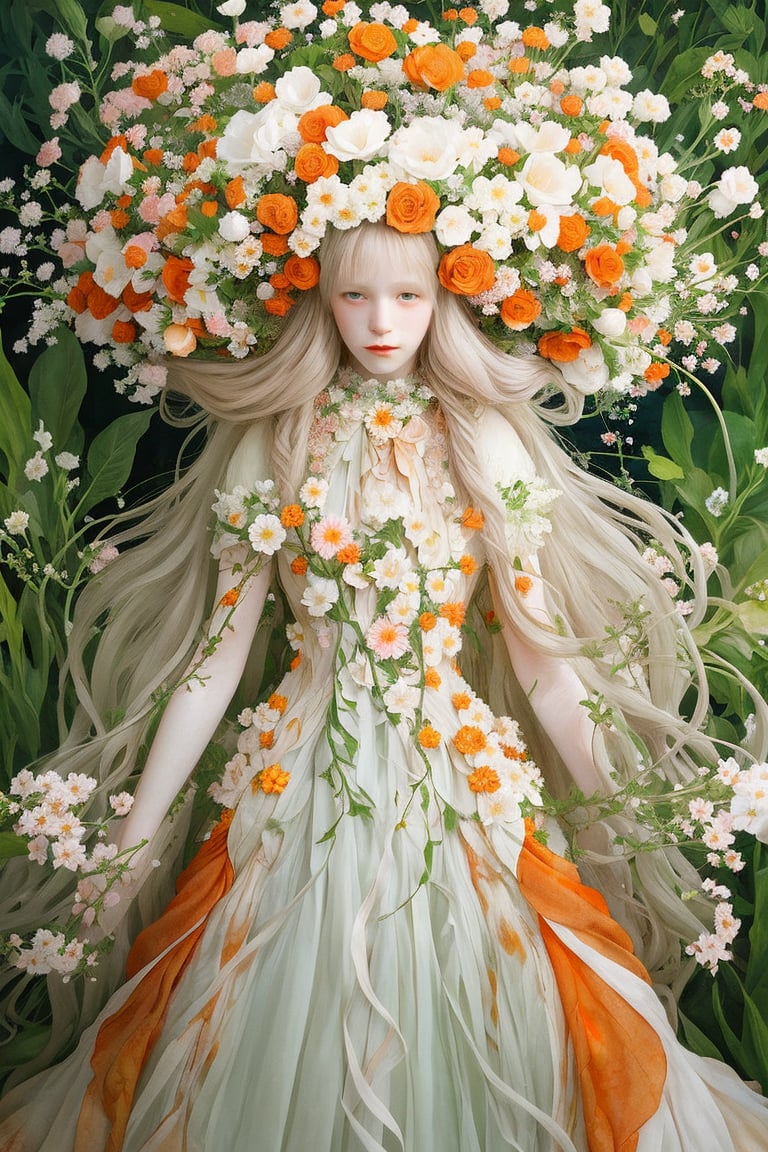 Create an artwork of a person with long, flowing hair intertwined with an array of white and orange flowers, wearing a garment that harmonizes with the botanical surroundings. The overall atmosphere should evoke an ethereal and dreamlike essence.