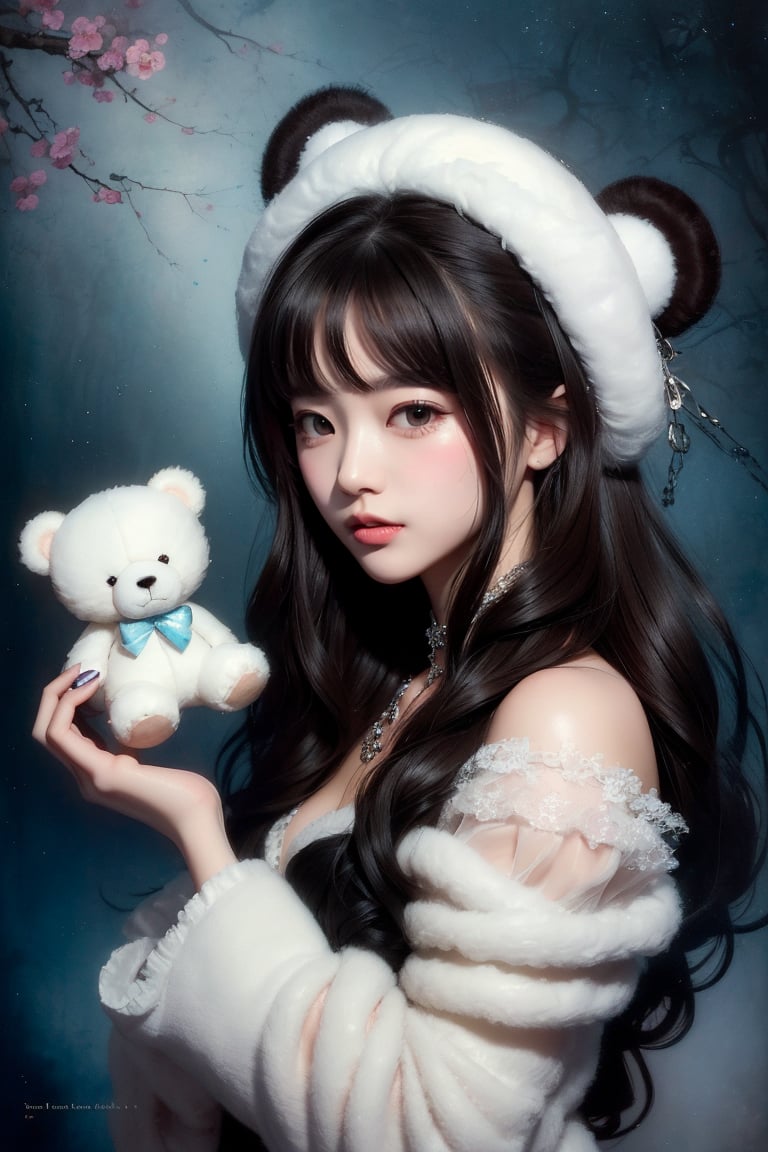 (Beautiful Woman with dark hair) holding a small (tiny cute and adorable white plush fluffy chibi-style teddy bear with large black eyes), in the style of Harrison Fisher and Brian Froud and Jeremy Mann, smile, Whimsical, vibrant colors, gloss, sweetness, surreal, thick brush strokes, layered textures, mythical, magical,more detail XL