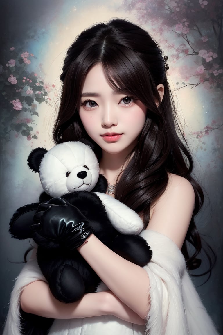 (Beautiful Woman with dark hair) holding a small (tiny cute and adorable white plush fluffy chibi-style teddy bear with large black eyes), in the style of Harrison Fisher and Brian Froud and Jeremy Mann, smile, Whimsical, vibrant colors, gloss, sweetness, surreal, thick brush strokes, layered textures, mythical, magical,more detail XL