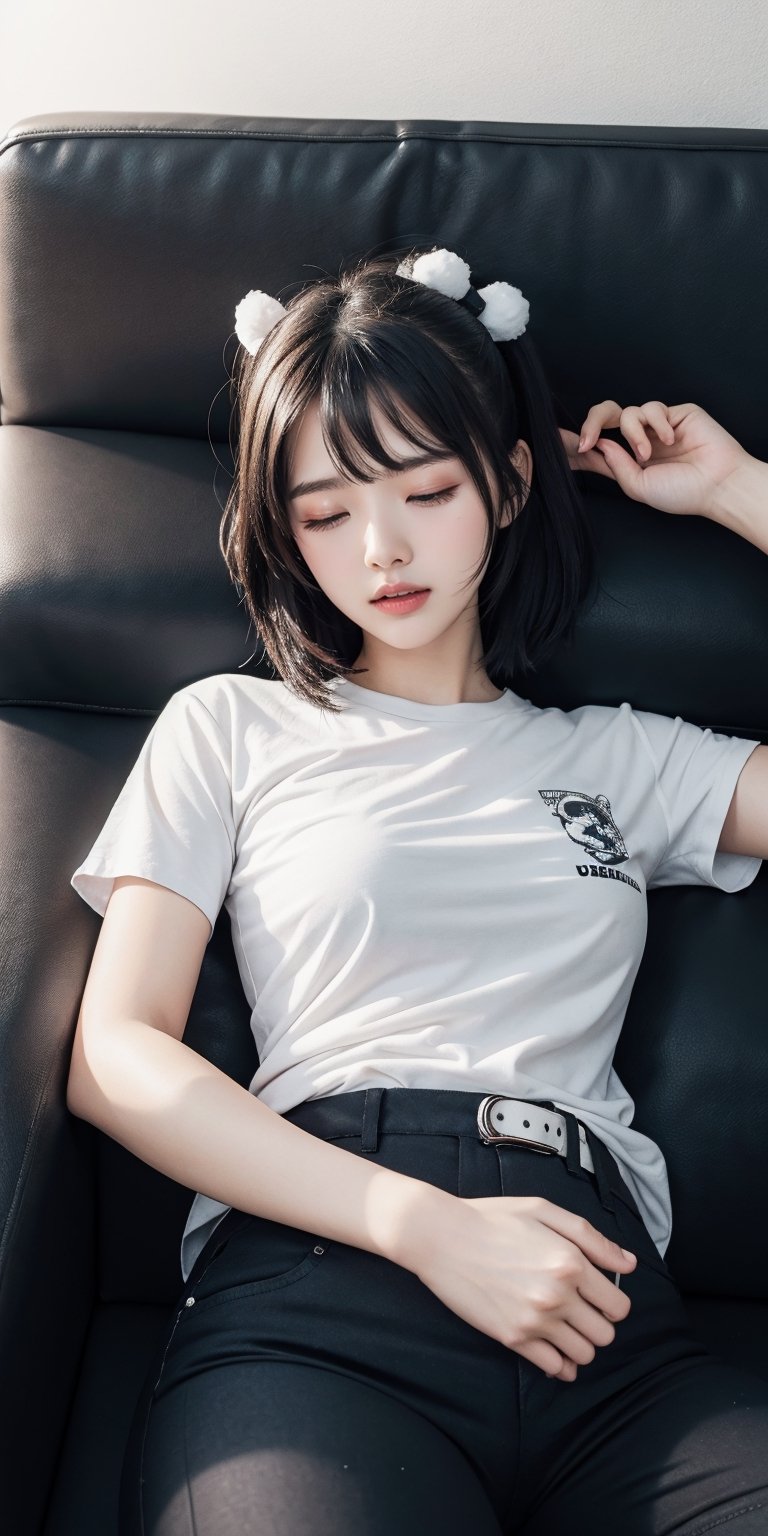 1girl, solo, shirt, black hair, closed mouth, closed eyes, short sleeves, lying, pants, indoors, on back, phone, black pants, stuffed toy, table, sleeping, stuffed animal, couch, grey shirt, realistic, on couch