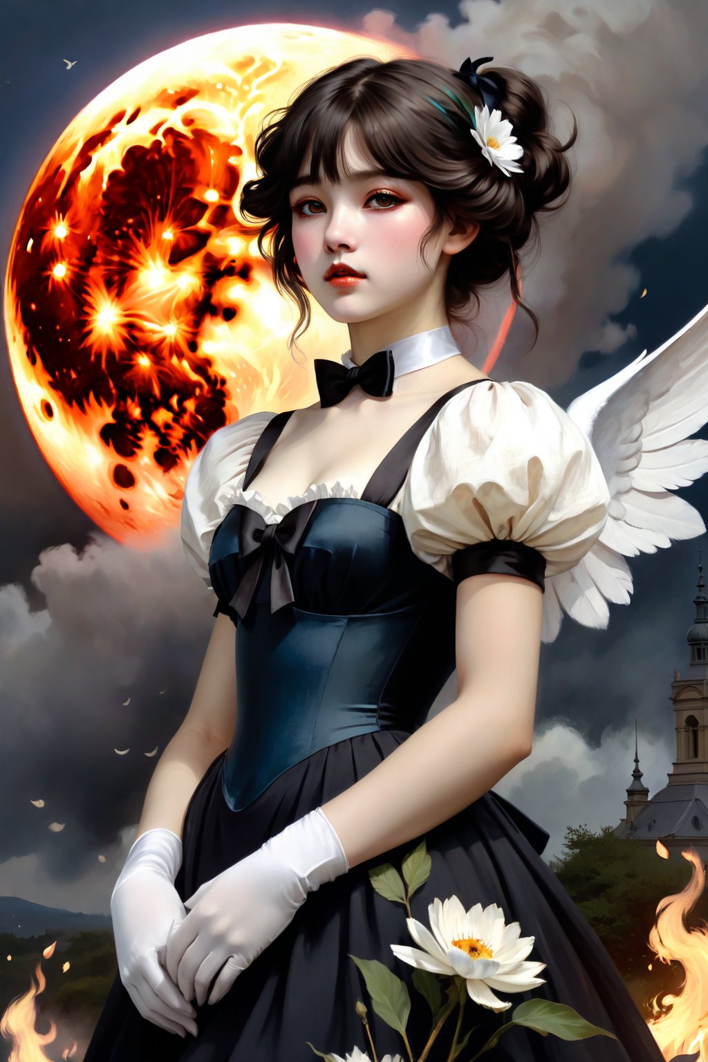 (((masterpiece))),best quality, illustration,beautiful detailed glow,(beautiful detailed eyes), (dark demon girl:1.1),big forhead,flower,large top sleeves,Floating ashes, Beautiful and detailed explosion, red moon, fire,Fire cloud, Wings on fire, a cloudy sky, smoke of gunpowder, burning, black dress, (beautiful detailed eyes),expressionless,beautiful detailed white gloves, Dove of peace, (floating cloud:1.2),azure hair,disheveled hair,long bangs, hairs between eyes, black kneehighs, black ribbon,white bowties,midriff,{{{half closed eyes}}},, Pierre-Auguste Renoir ~ Paul Peel ~ John Singer Sargent ~ Alexandre-Jacques Chantron ~ John William Godward ~ John William Waterhouse ~ Han-Wu Shen ~ Ishitaka Amano ~ Chakrapan Posayakrit ~ Kim Jung Gi ~ Kei Mieno ~ Ikushima Hiroshi ~ WLOP ~ William-Adolphe Bouguereau ~ Alphonse Mucha ~Luis Royo ~ Jock Sturges photography ~ Range Murata,shards