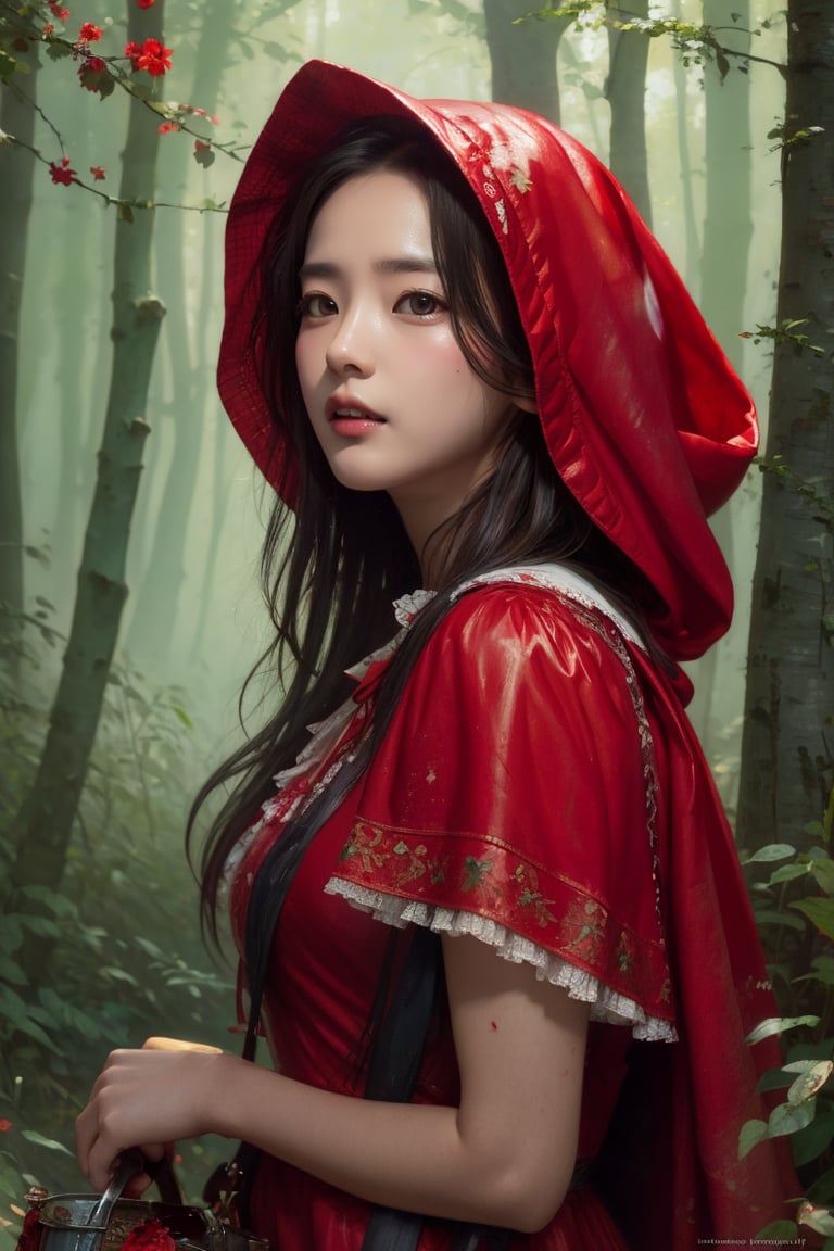 little red riding hood, 13 year old, fresh faced, pretty happy_face, full_body, vivid color, masterful painting in the style of Anders Zorn | Marco Mazzoni | Yuri Ivanovich, Aleksi Briclot, Jeff Simpson, digital art painting style