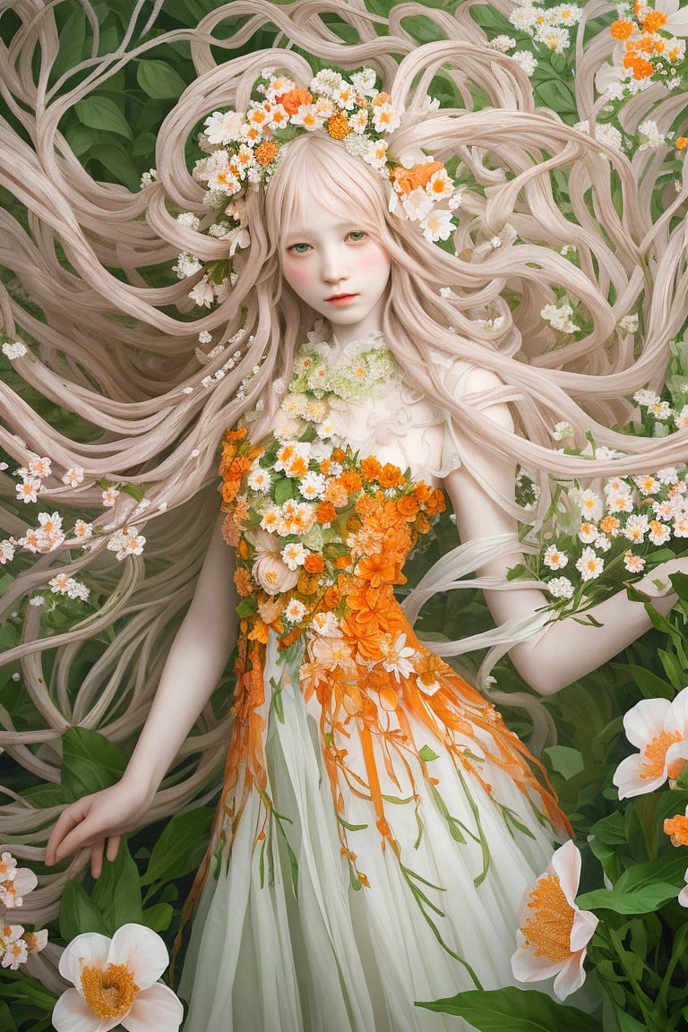 Create an artwork of a person with long, flowing hair intertwined with an array of white and orange flowers, wearing a garment that harmonizes with the botanical surroundings. The overall atmosphere should evoke an ethereal and dreamlike essence.