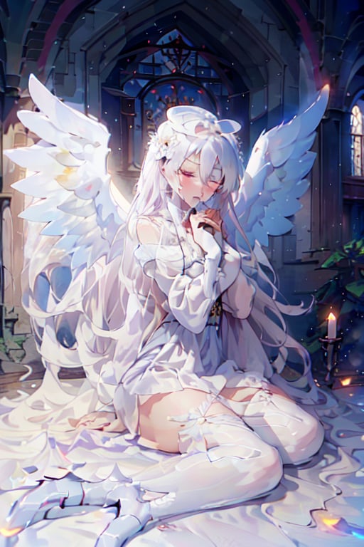 1woman, white_skin, closed_eyes, big_angel_wings ,no_humans, long white dress with long sleeves and white heels, high_resolution, blindfold, sitting, praying, long_hair, blond_hair,beautyniji,angel_wings,Priya varrier,Angel