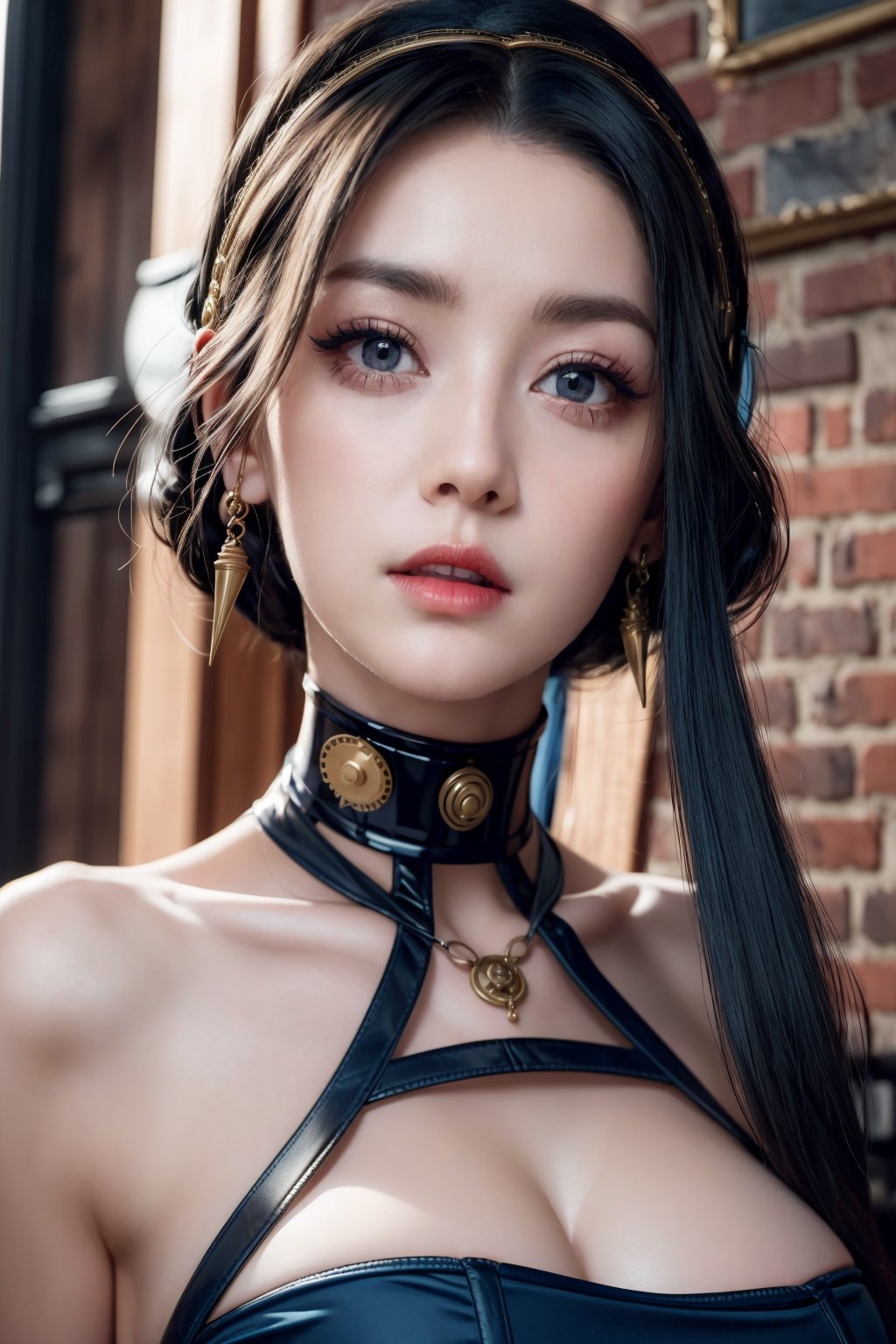 Perfect face, perfect body, blue eyes, glamorous, gorgeous, delicate, romantic, Elizabethan woman, steampunk gothic romanticism, Harrison Fisher dark twist style, anime, zoomed in, short hair with long locks, (thick eyeliner), (eye shadow),(red lips), blush