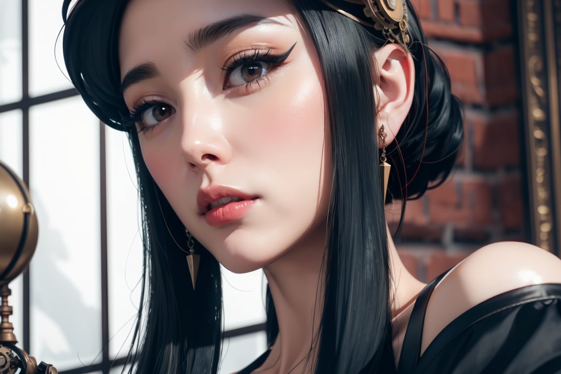 Perfect face, perfect body, blue eyes, glamorous, gorgeous, delicate, romantic, Elizabethan woman, steampunk gothic romanticism, Harrison Fisher dark twist style, anime, zoomed in, short hair with long locks, (thick eyeliner), (eye shadow),(red lips), blush