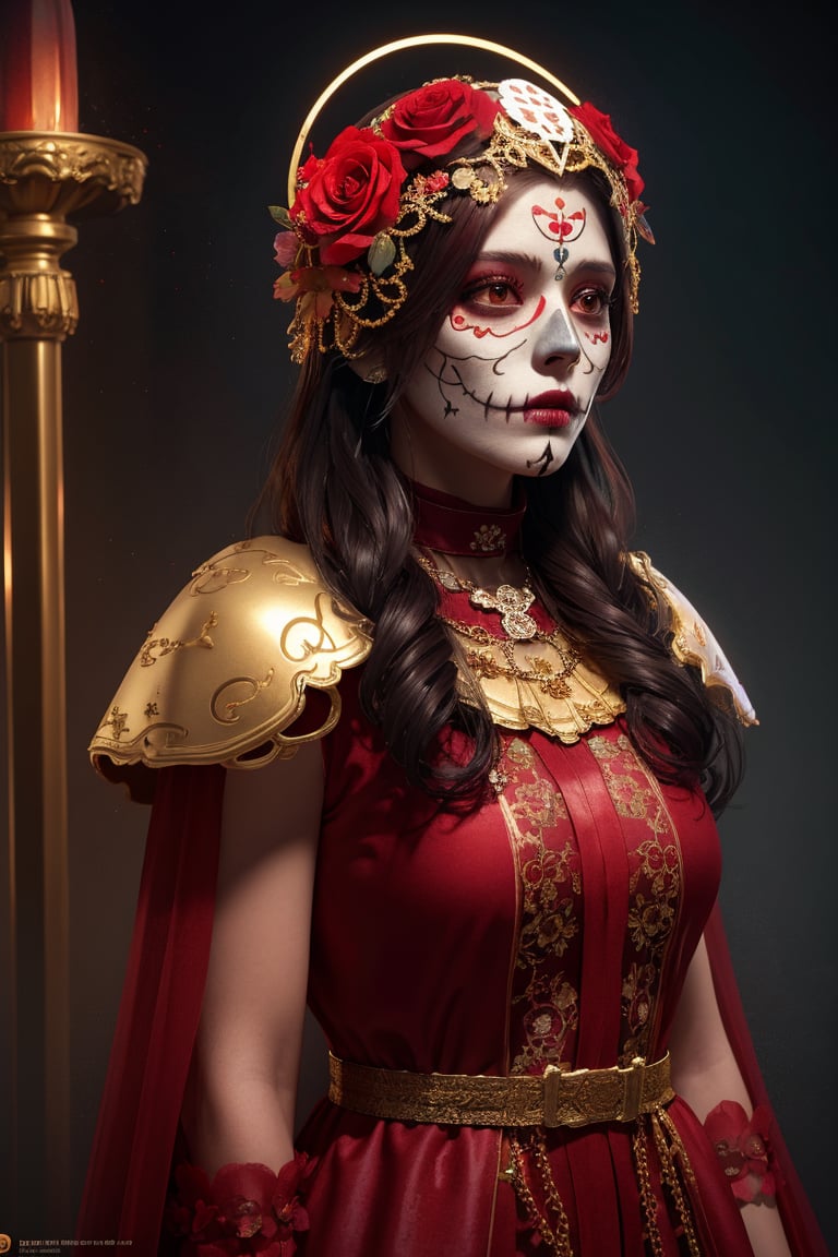 woman dressed sugar skull costume flowers, amazing octane render, thick dust red tones, wearing golden halo, saint woman, white skeleton face, wearing dark hood, hyperrealistic concept art, flower,
