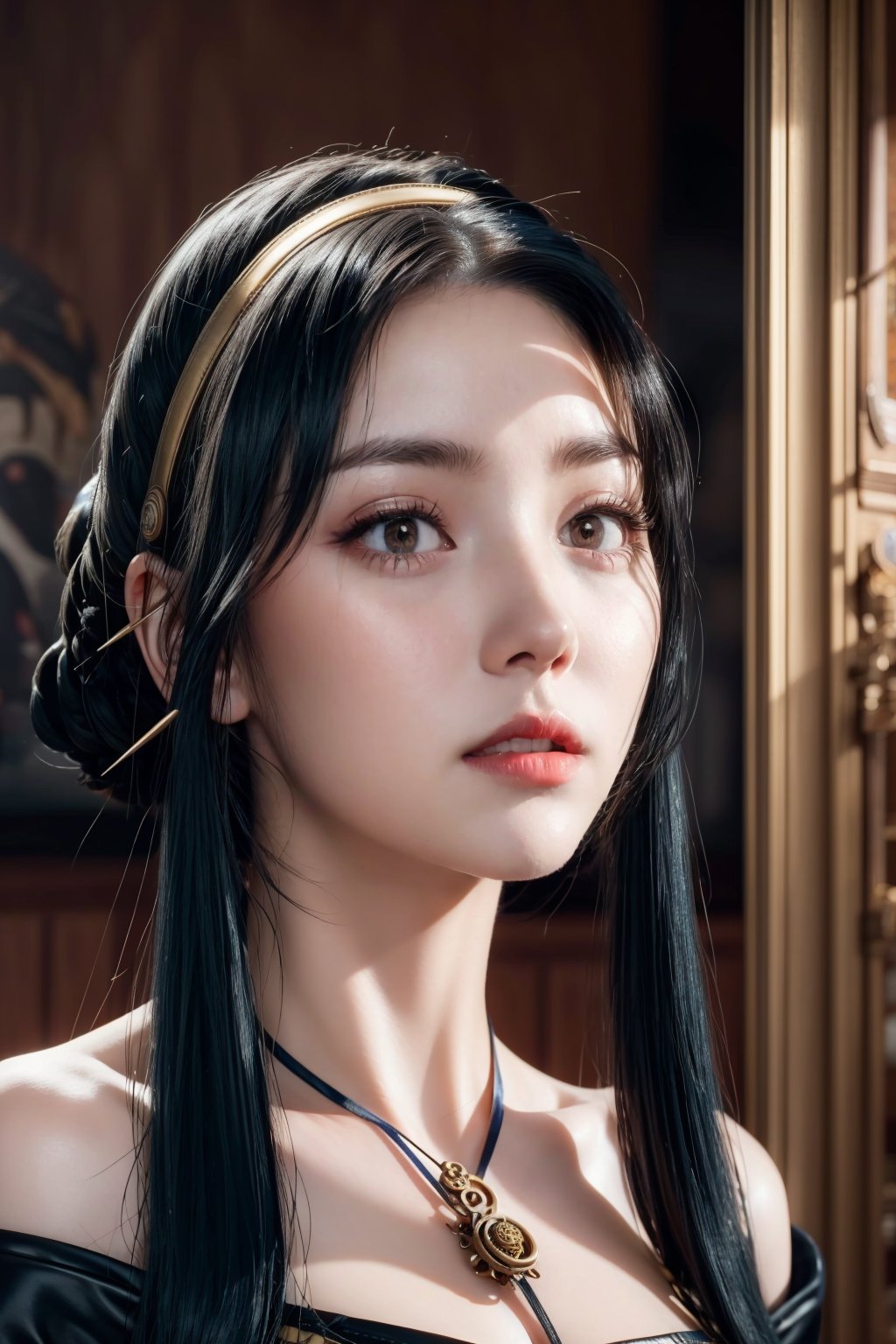 Perfect face, perfect body, blue eyes, glamorous, gorgeous, delicate, romantic, Elizabethan woman, steampunk gothic romanticism, Harrison Fisher dark twist style, anime, zoomed in, short hair with long locks, (thick eyeliner), (eye shadow),(red lips), blush