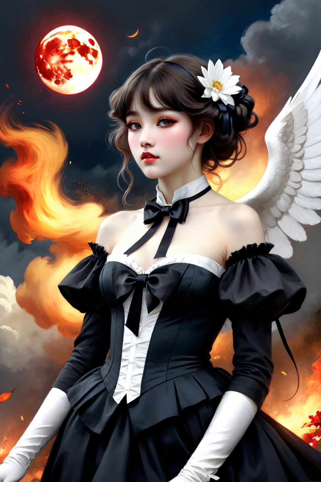 (((masterpiece))),best quality, illustration,beautiful detailed glow,(beautiful detailed eyes), (dark demon girl:1.1),big forhead,flower,large top sleeves,Floating ashes, Beautiful and detailed explosion, red moon, fire,Fire cloud, Wings on fire, a cloudy sky, smoke of gunpowder, burning, black dress, (beautiful detailed eyes),expressionless,beautiful detailed white gloves, Dove of peace, (floating cloud:1.2),azure hair,disheveled hair,long bangs, hairs between eyes, black kneehighs, black ribbon,white bowties,midriff,{{{half closed eyes}}},, Pierre-Auguste Renoir ~ Paul Peel ~ John Singer Sargent ~ Alexandre-Jacques Chantron ~ John William Godward ~ John William Waterhouse ~ Han-Wu Shen ~ Ishitaka Amano ~ Chakrapan Posayakrit ~ Kim Jung Gi ~ Kei Mieno ~ Ikushima Hiroshi ~ WLOP ~ William-Adolphe Bouguereau ~ Alphonse Mucha ~Luis Royo ~ Jock Sturges photography ~ Range Murata,shards