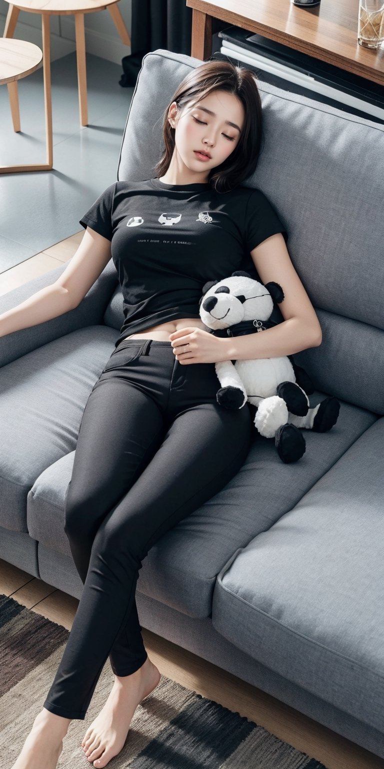 1girl, solo, shirt, black hair, closed mouth, closed eyes, short sleeves, lying, pants, indoors, on back, phone, black pants, stuffed toy, table, sleeping, stuffed animal, couch, grey shirt, realistic, on couch