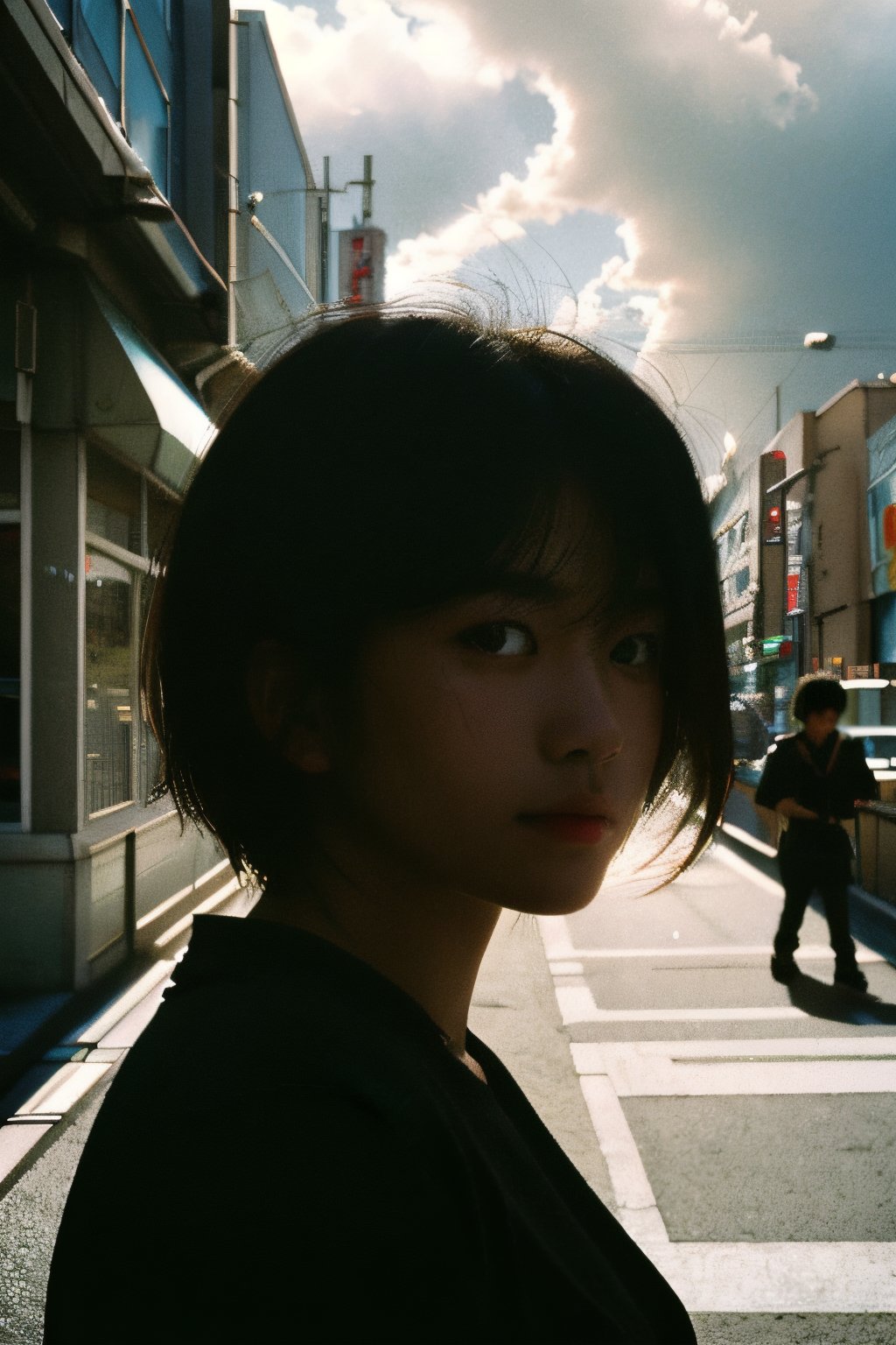 realistic,portrait,film grain,shadow,dark,asian,woman,sunlight,day,epic,fantastic,street,messy hair,light,grainy,real photo,outdoor,grainy,lightshapes,cloudy color,japan,