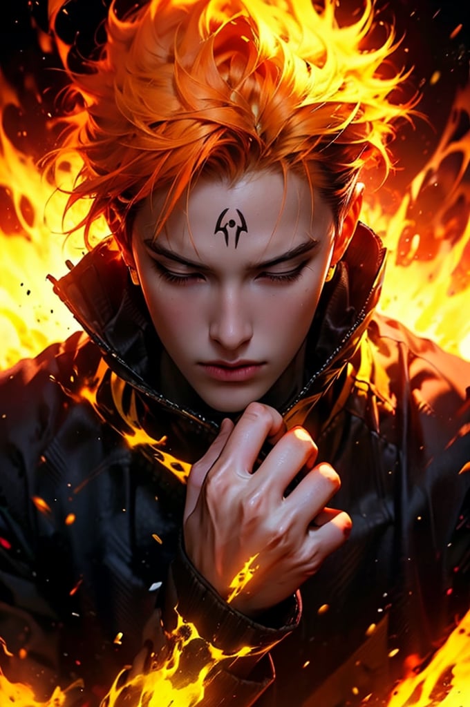 Madara, 
orange-haired anime boy from the world of Demon Slayer, stands in the midst of a blazing inferno. He is wearing a vibrant yellow jacket and stylish black pants, completing his eye-catching outfit. With his intensively detailed face, Zenitsu's closed eyes radiate a sense of tranquility. In his hand, he tightly grips a sleek katana, ready to unleash his lightning-fast attacks. The atmosphere is filled with a vivid orange color palette, enhancing the intensity 