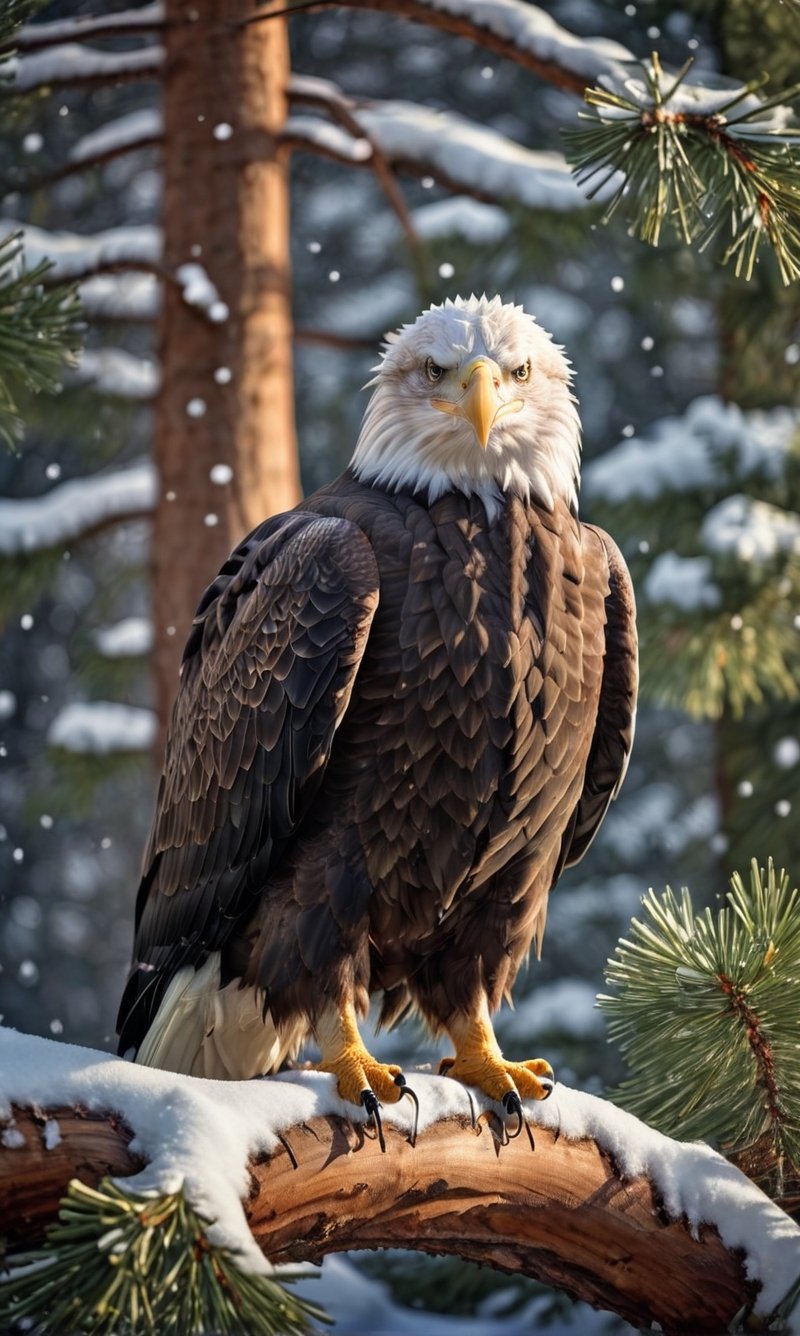 A bald eagle, full body image, serious expression, High Detailed RAW color Photo, a masterpiece, sitting on a pine tree, winter day, heavy snow, sun shining through the trees, photography, photorealism, medium shot, warm, natural lighting to highlight the subject’s features, Ultra HD, hdr, 16k, DSLR,y0sem1te,WINTER