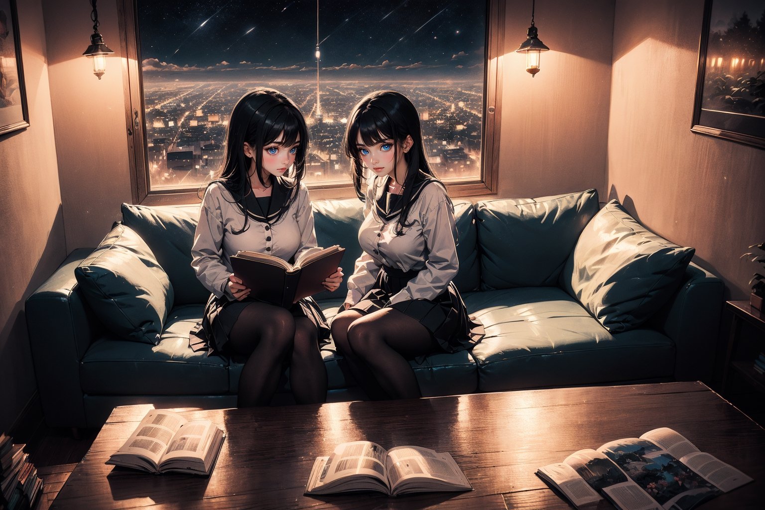 professional digital art of teenage, thin, long black hair and big breasts two girl wearing Japanese school uniform & black pantyhose lofi painting, Character focus, digital art, beautiful composition, trending on artstation ,civitai and deviantart, Night time study books together at home sitting on sofa and focus to studying, beside candle lit.