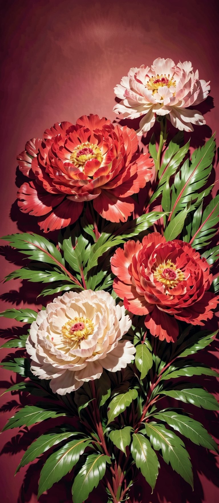 Red and Pink and White three big peony flowers in full bloom, flowers are properly mixed with leaves, peony flowers that glow as subtle as neon signs, spring leaves background

Red