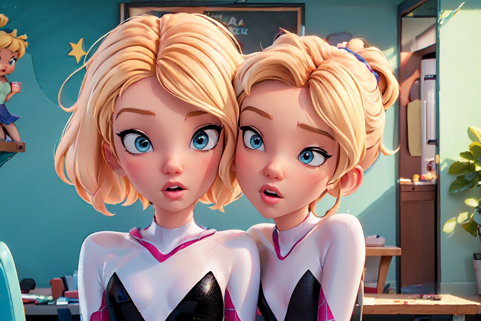Colorful, two females(tinker bell and Gwen Stacey), masterpiece, best quality, (8k CG, extremely detailed), masterpiece, ultra-detailed, (cute:1.2),lora tinker bell, lora Gwen Stacey, Gwen Stacey and Tinker Bell are kissing each other