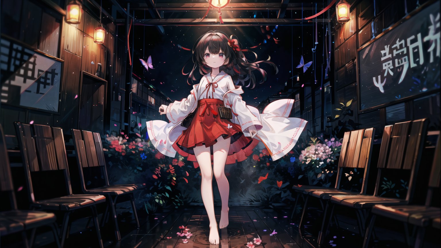 1 girl,HDR,high contrast,red classical robe,flying long hair,short skirt,hair tied with red ribbon,wind chimes,full body,soft clothing texture,eyes looking at the audience,flowers,butterflies,barefoot,red ribbon fluttering in the wind